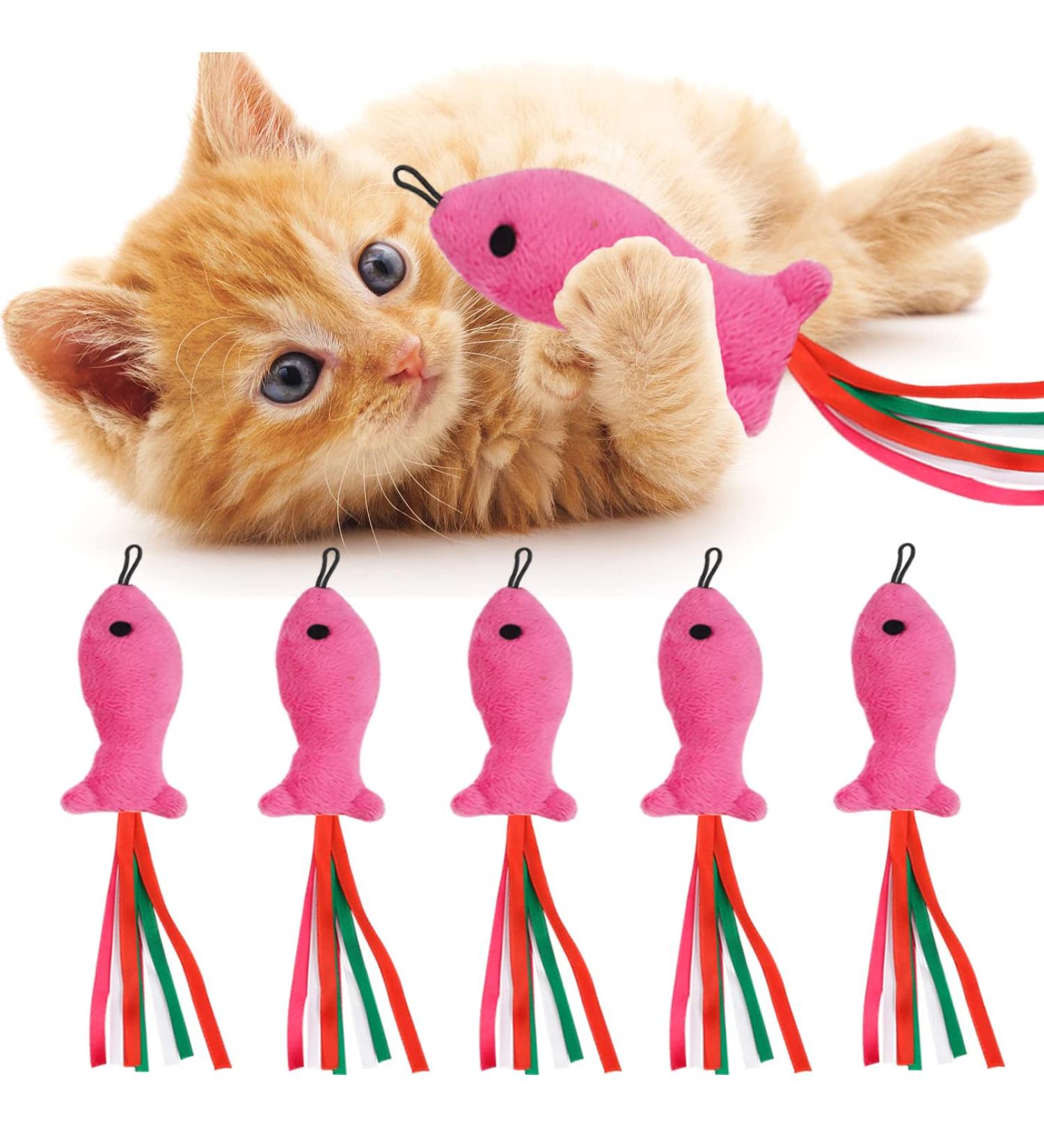 5Pcs Catnip Toy Set - Interactive Pink Fish & Feather Teaser for Kittens | Catnip Filled Plush Toys for Teething Chew Cat Wand Accessories - Buy Online on SooperMarket.com