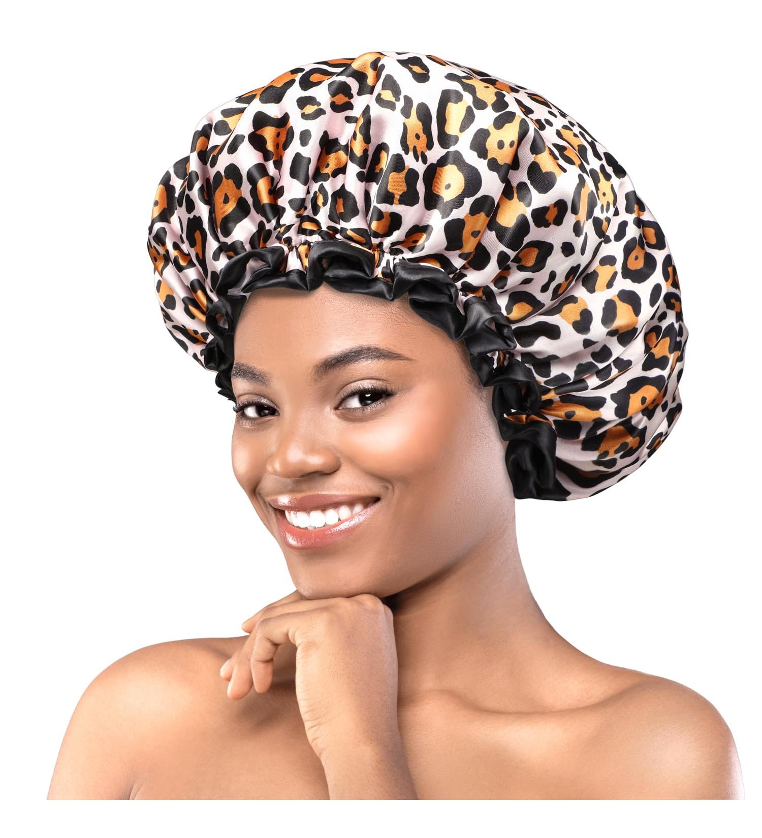 Mikimini Leopard Large Shower Hoods 2-Pack | Waterproof & Washable Shower Caps for Long Hair with Black Lace - XL Size for Women - Buy Online on SooperMarket.com