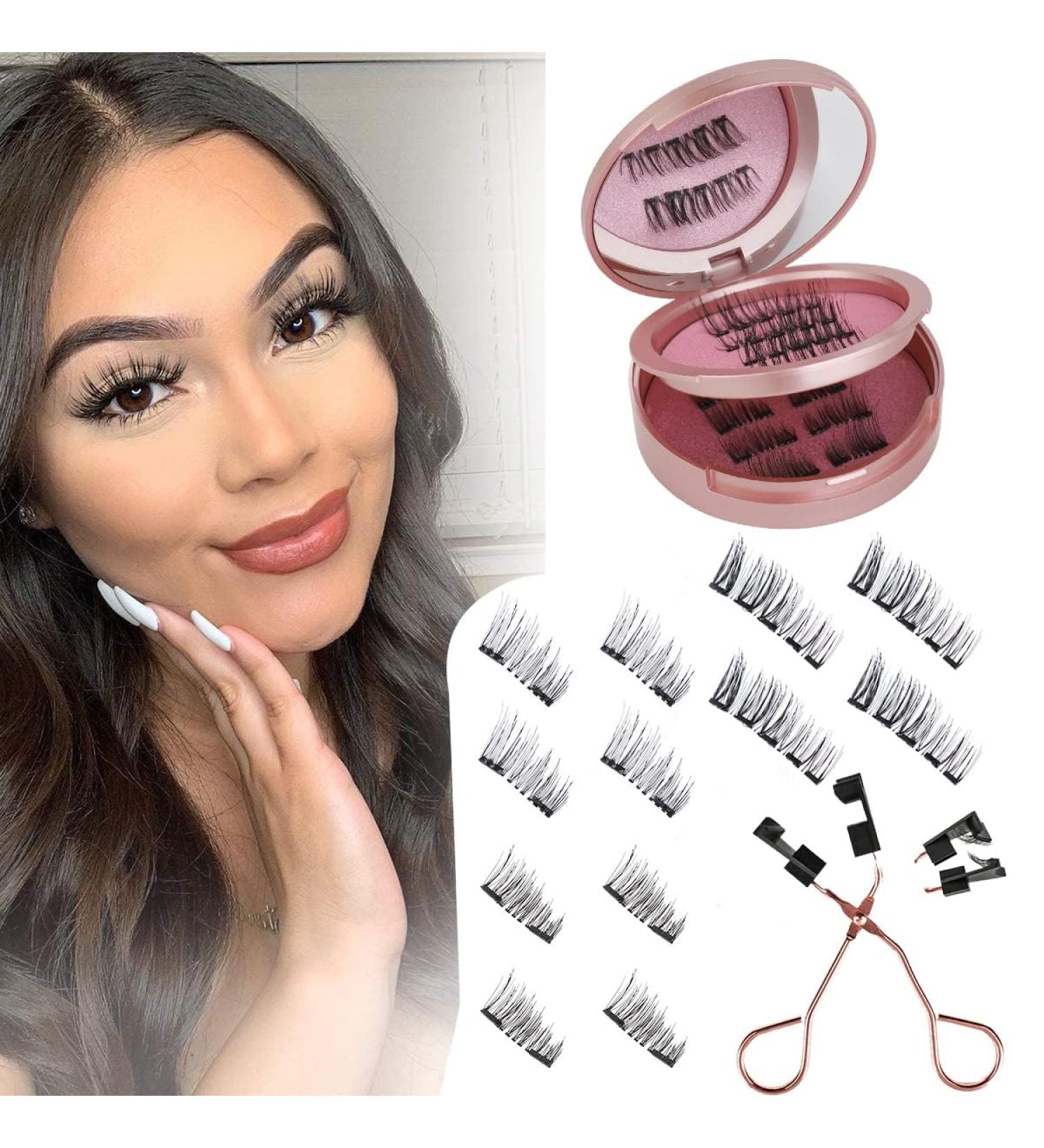 Magnetic Eyelashes Set - Reusable, Natural Look, Waterproof - 3 Pairs False Lashes with Applicator - Rose - 3D Effect - Buy Online on SooperMarket.com