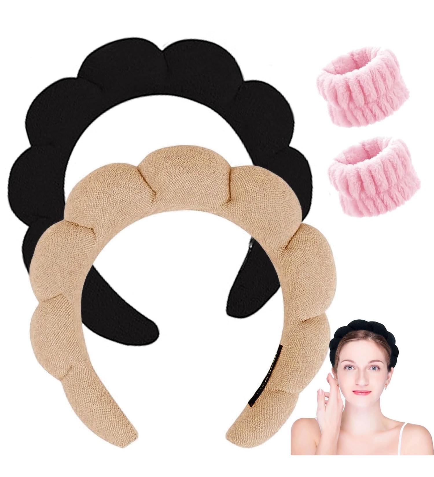 Spa Headband for Women- Bubble Skincare Headband with Wristbands- Terry Cloth, Soft Puffy Design- Black & Light Brown- Ideal for Face Washing and Makeup- Gift Idea - Buy Online on SooperMarket.com