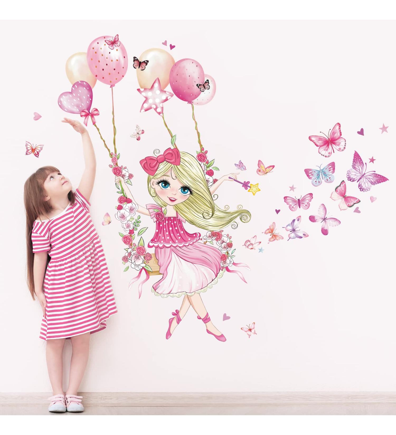 Wondever Girl on Swing Wall Stickers - Peel and Stick Butterfly Flower Ballons Wall Decals for Girls Bedroom and Nursery - Buy Online on SooperMarket.com