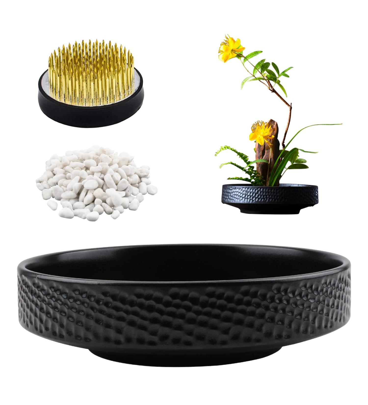 Round Flower Frog & Ceramic Flower Pot Set - Hammer-Pattern Black Ikebana Arrangement for Floral Art - Buy Online on SooperMarket.com