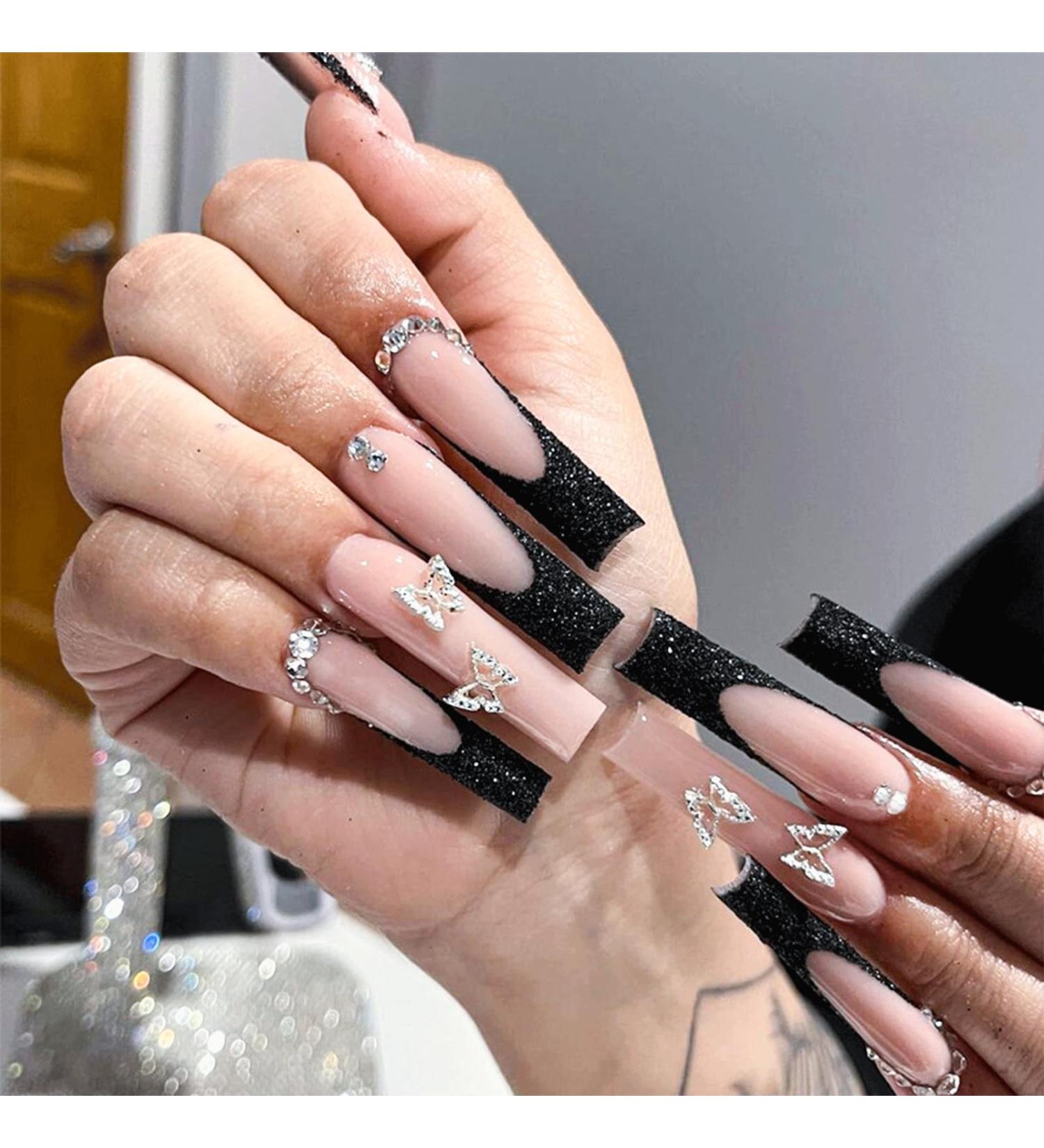Black Butterfly False Nails Set - 24PCS French Square Tips with Glitter Diamond Design & Jelly Adhesive - Women's Nail Art - Buy Online on SooperMarket.com