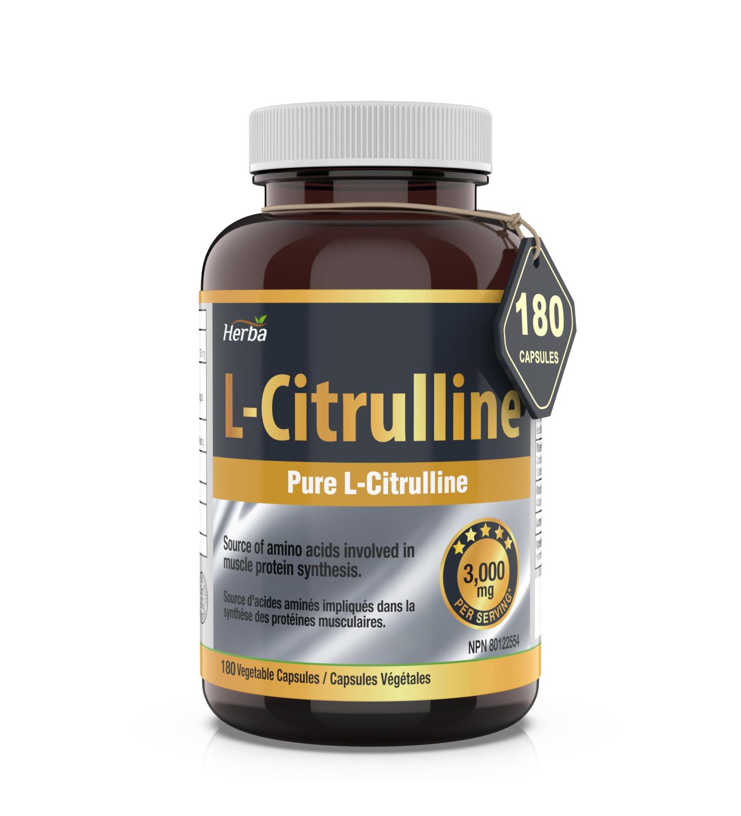 Herba L-Citrulline Capsules 750mg 180 Vegetable Capsules | 3 000mg Per Serving | Pure L Citrulline Nitric Oxide Supplement | NPN from Health Canada | Made & 3rd Party Tested in Canada - Buy Online on SooperMarket.com