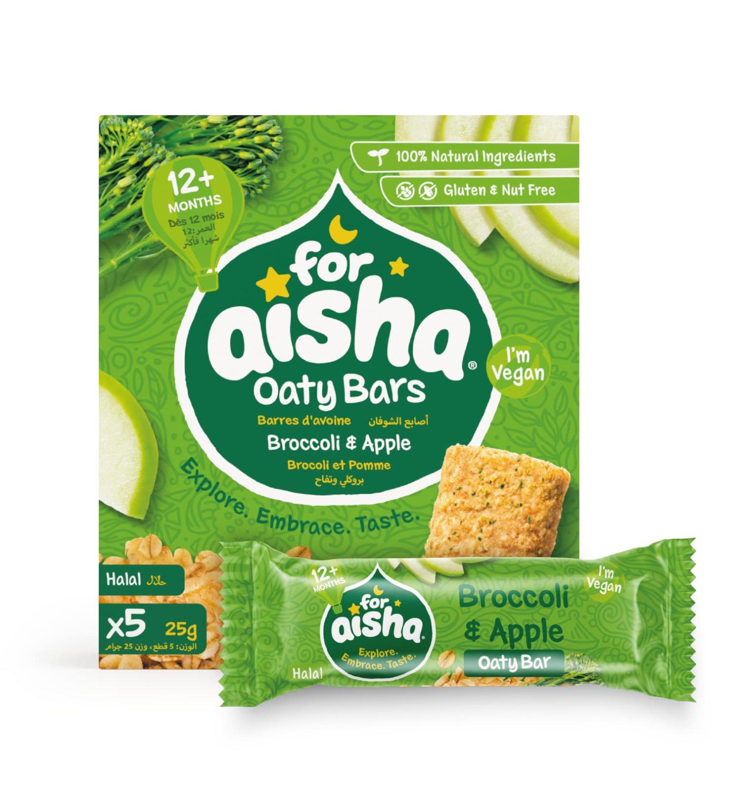 For Aisha Vegan Nut-Free Oaty Bars - Broccoli & Apple Flavor | Gluten-Free, Dairy-Free, 100% Natural Ingredients | 30 Bars - Buy Online on SooperMarket.com