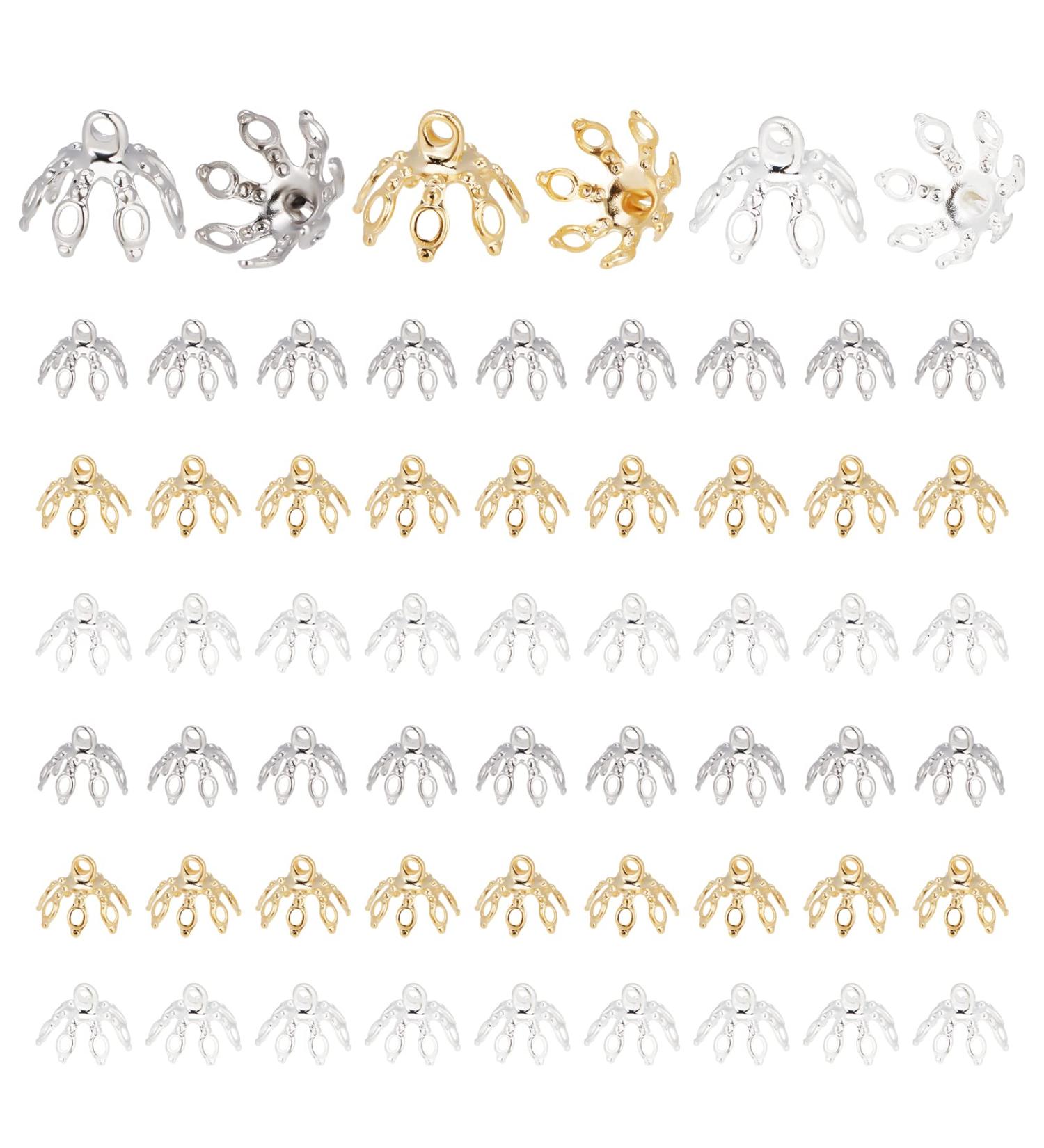 PandaHall Flower Bead Cap 60pcs Brass Bell Bails End Charm Caps with Filigree Spacer Beads - DIY Jewelry Making Supplies in Golden, Silver, Platinum - Buy Online on SooperMarket.com