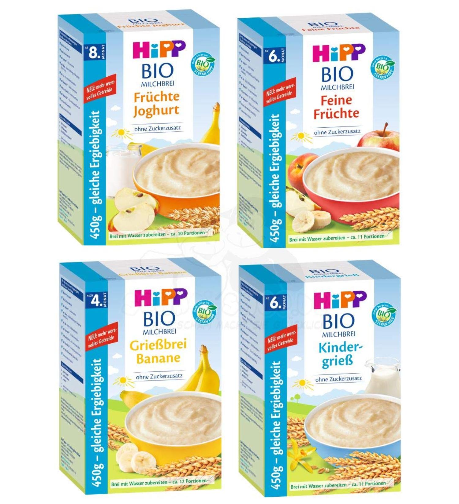 Hipp Organic Milk Porridge Mix - 4 Varieties (Children's Semolina Fine Fruits Banana & Fruit Yoghurt) - 4 x 450g - Buy Online Internationally - Buy Online on SooperMarket.com