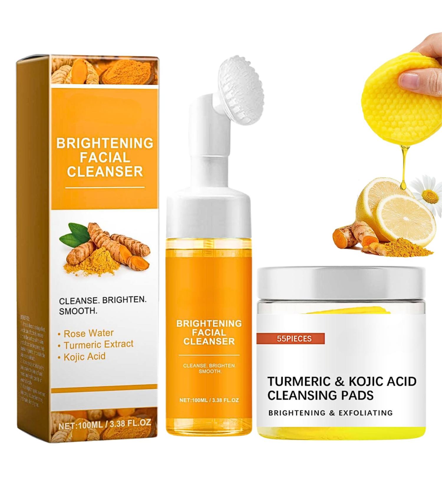 Turmeric Facial Cleanser Set Kojic Acid & Turmeric Face Wash Foaming Cleanser + Turmeric Kojic Acid Cleansing Pads Turmeric and Kojic Acid Cleansing Pads + Foaming Face Wash Acne Dark Spots - Buy Online on SooperMarket.com