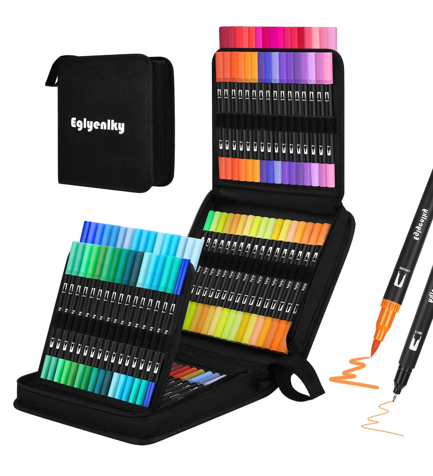 Eglyenlky 100 Colors Dual Brush Pens Markers for Adult Coloring - Fine Tip and Brush Tip, Ideal for Drawing, Calligraphy, Sketching - Black Set - Buy Online on SooperMarket.com