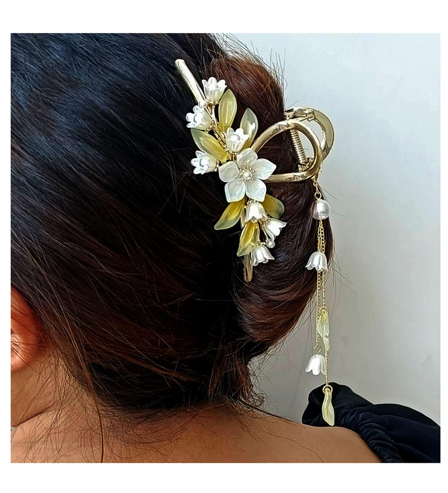 Butterfly Flower Hair Barrettes Vintage French Pearl Ginkgo Leaf Tassels Claws Floral Hair Clips Accessories for Women Girls (Style B) - Buy Online on SooperMarket.com