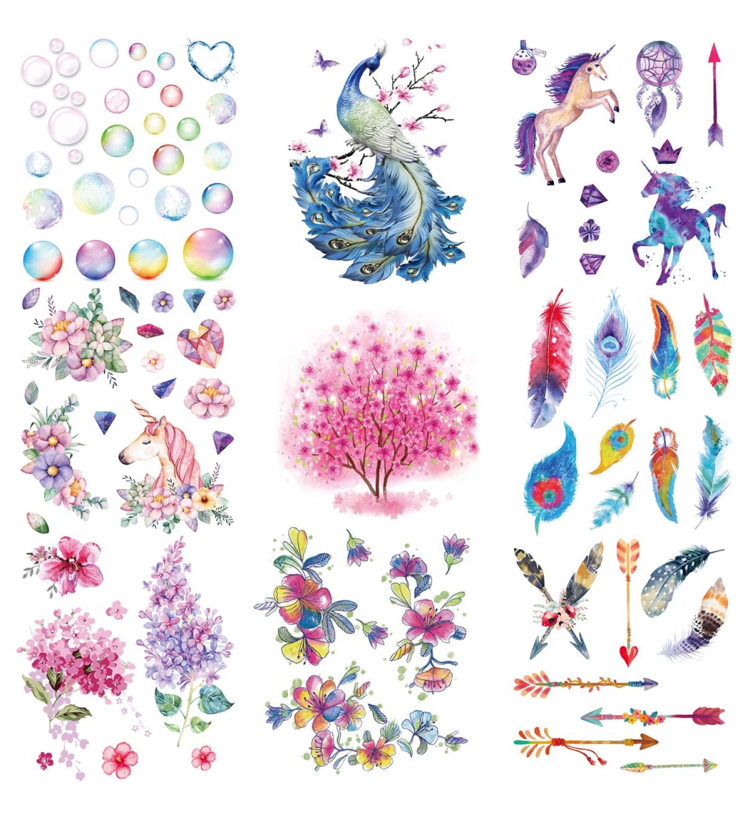Oottati Waterproof Temporary Tattoo Stickers - Colorful Bubble Flower Peacock Unicorn Arrow Feather Pink Tree - 9 Sheets for Arm Shoulder Face - Buy Online on SooperMarket.com