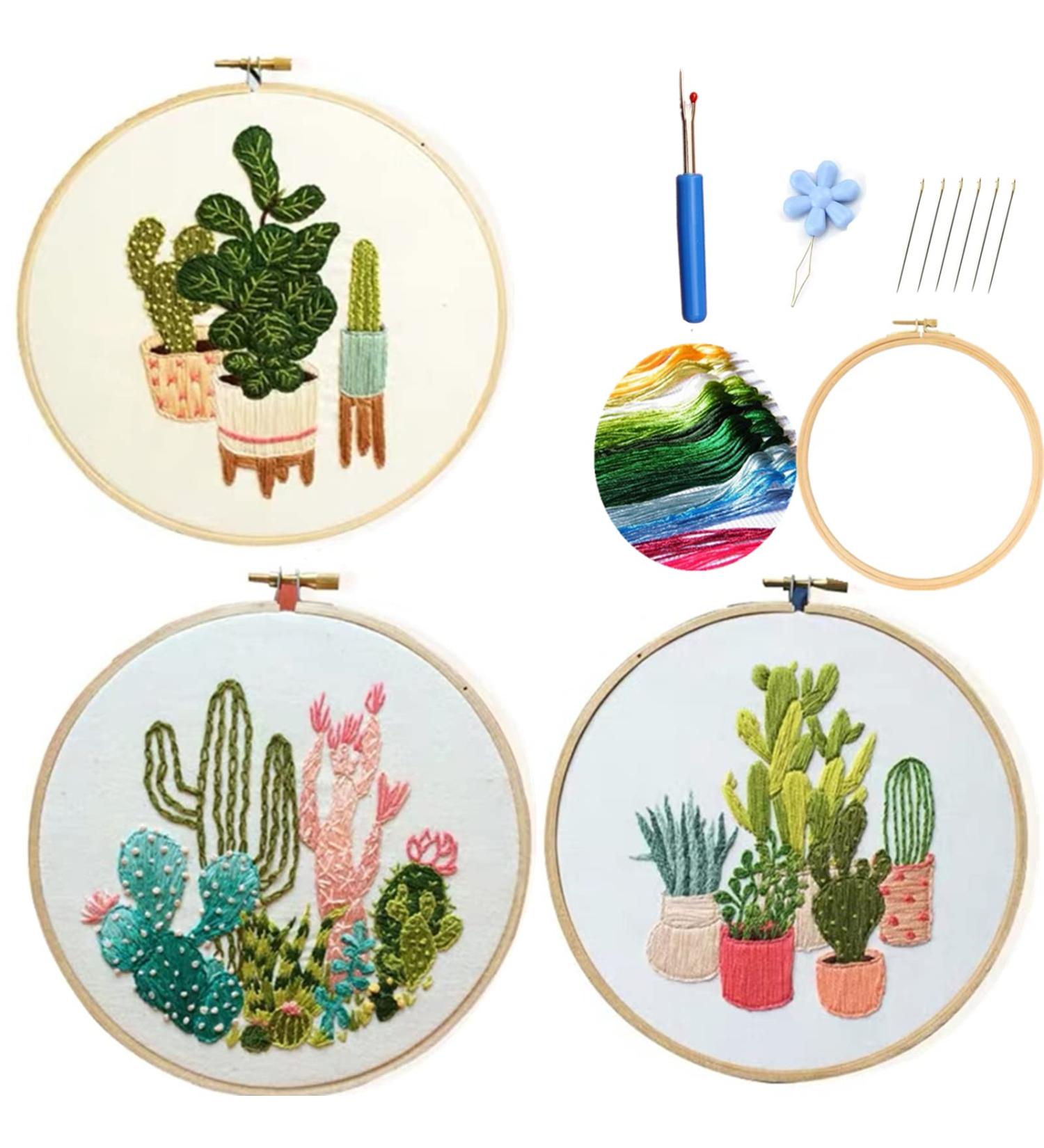 Highkick Cactus Series Embroidery Starter Kit for Adults - Stamped Pattern, Floss, Needles, and Hoop Included! Perfect for Beginners - Buy Online on SooperMarket.com