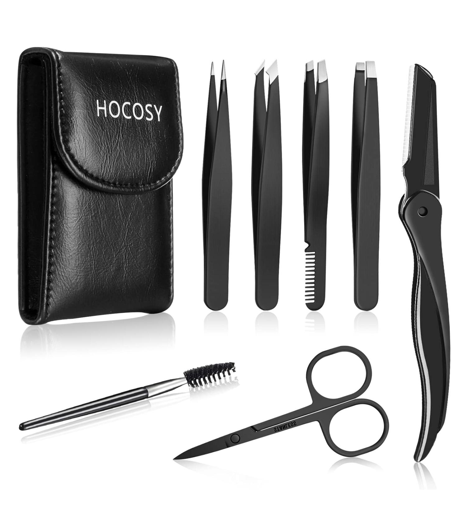 HOCOSY 7 in 1 Eyebrow Tweezers Set - Stainless Steel Precision Kit for Trimming and Shaping Eyebrows with Travel Case - Buy Online on SooperMarket.com