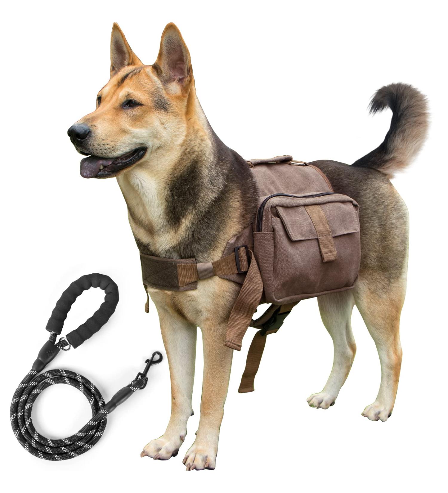 Medium Dark Yellow Dog Backpack Harness for Hiking & Travel | Medium & Large Dog Saddle Bag Rucksack with Leash - Buy Online on SooperMarket.com