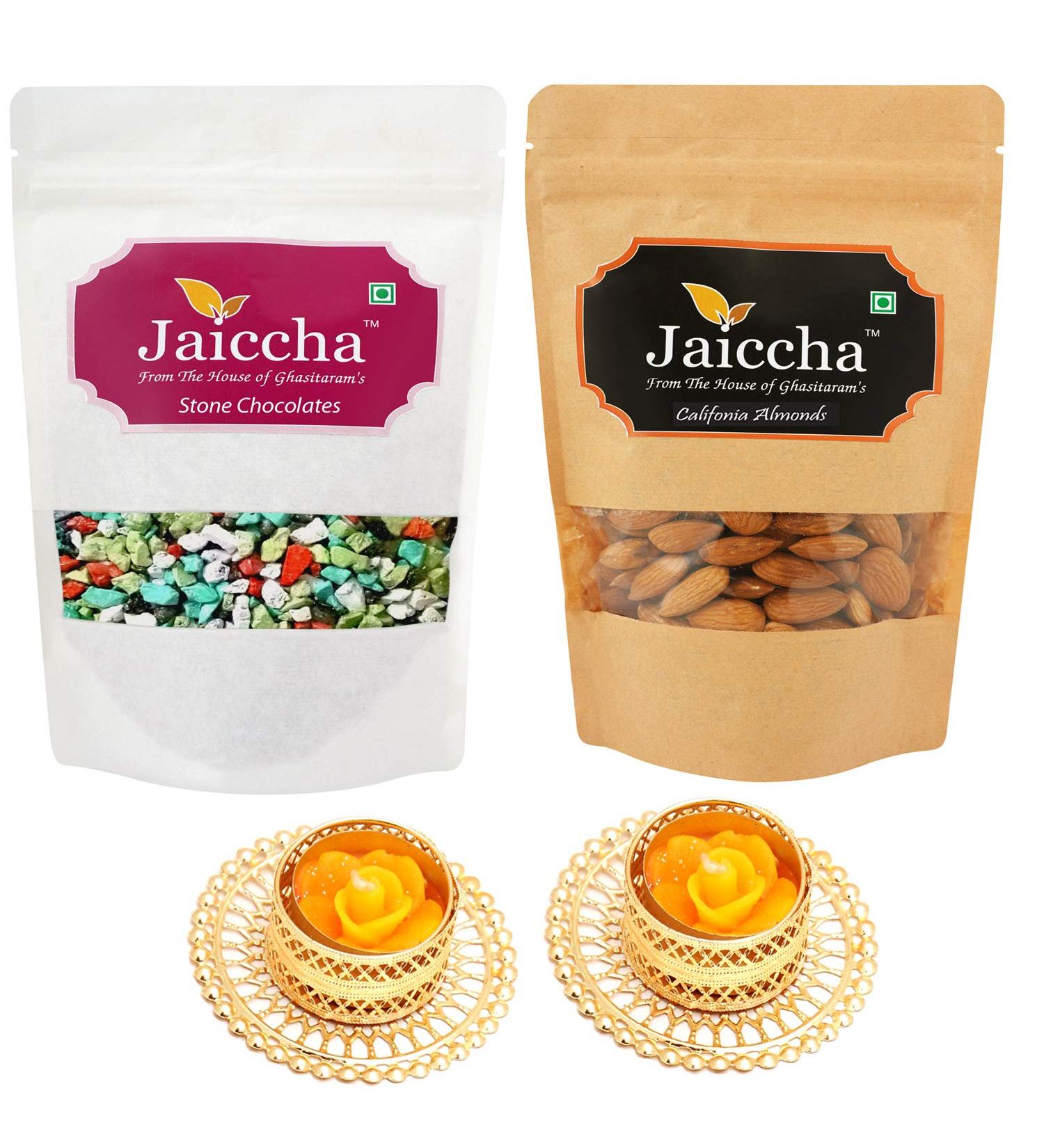 Jaiccha Ghasitaram Diwali Gifts Chocolate - Pack of 2 Stone Chocolate and Almond Pouches Small 200 GMS with 2 T-Lites - Buy Online on SooperMarket.com