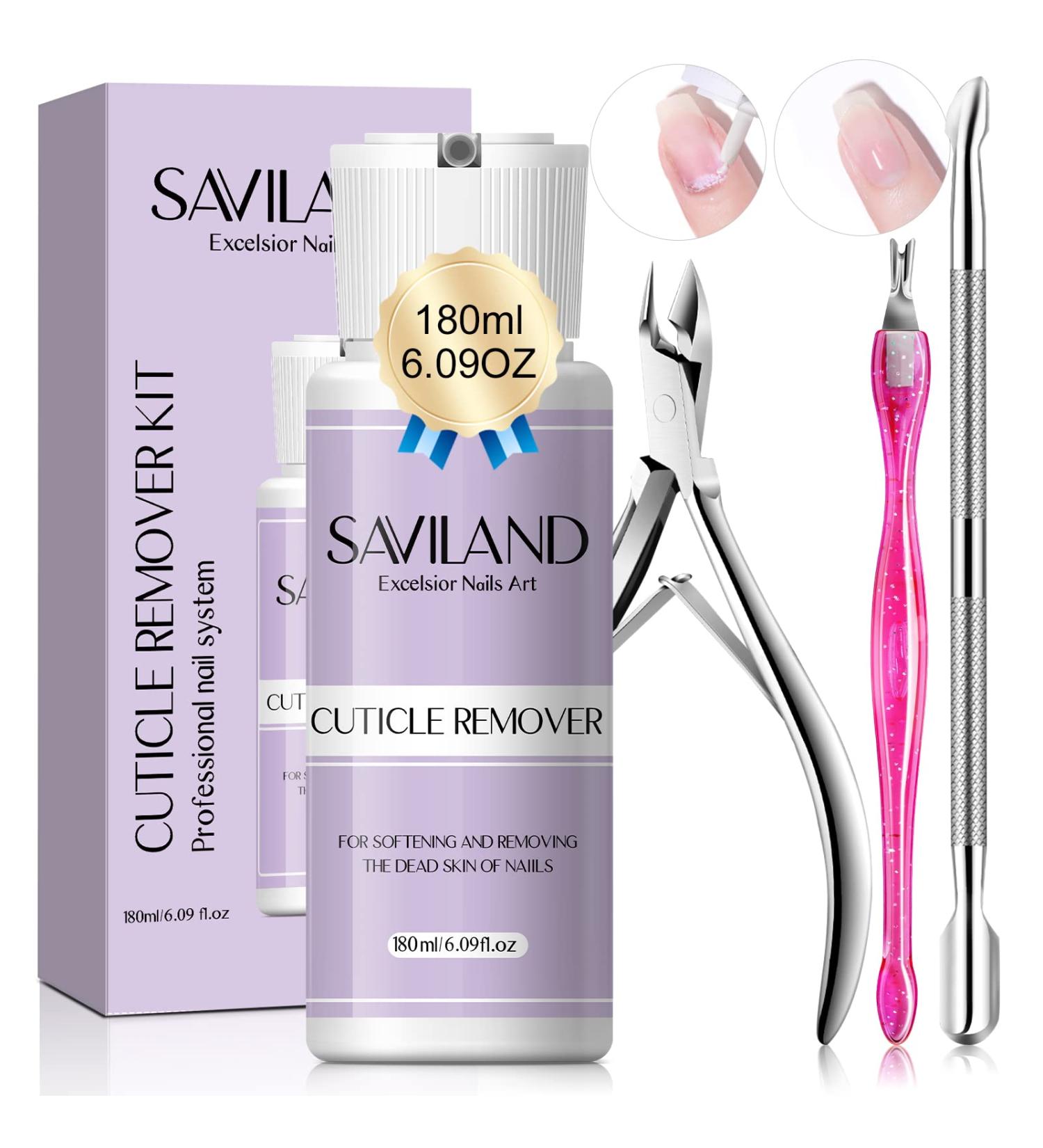 Saviland 180ML Cuticle Remover Kit - High Capacity 6.09 Oz Liquid with Pusher, Trimmer, Nipper - Nail Care Manicure Tool for Home and Salon Use - Buy Online on SooperMarket.com