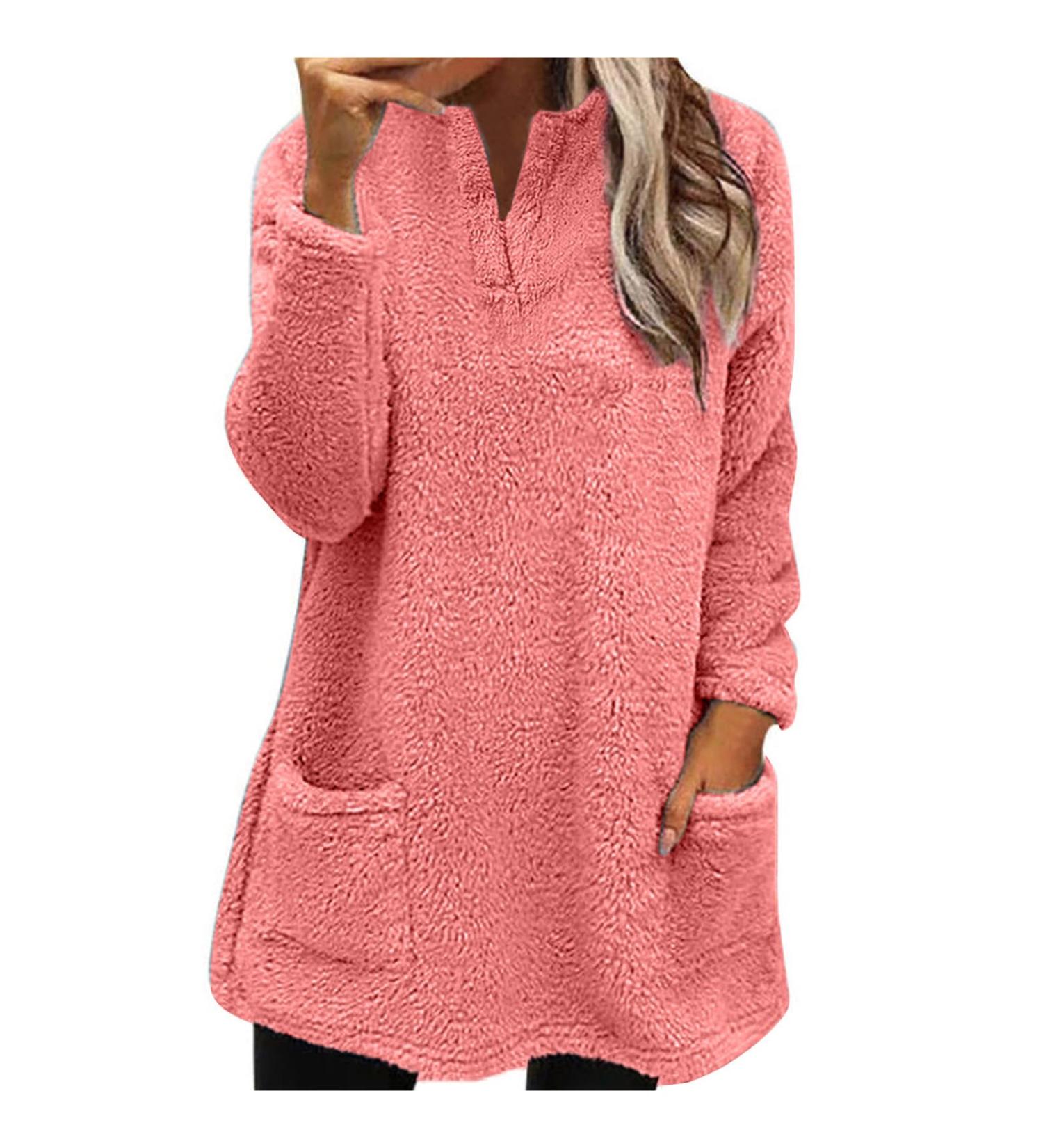 AMhomely Women's Plus Size Soft Teddy Fleece Hoodie - Pink XL | Double Fleece Casual Sweatshirt with V Neck, Pocket, and Lightweight Lounge Top - Buy Online on SooperMarket.com