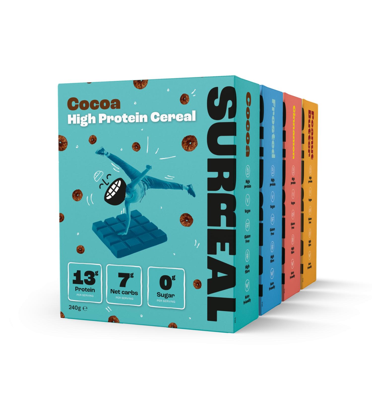 Surreal Variety Pack - High Protein Cereal Low Sugar- Healthy Plant Based in Fibre Carb Gluten Free Vegan 13g of Protein 0g Sugar 240g per Box 4 (1 x each) - Buy Online on SooperMarket.com