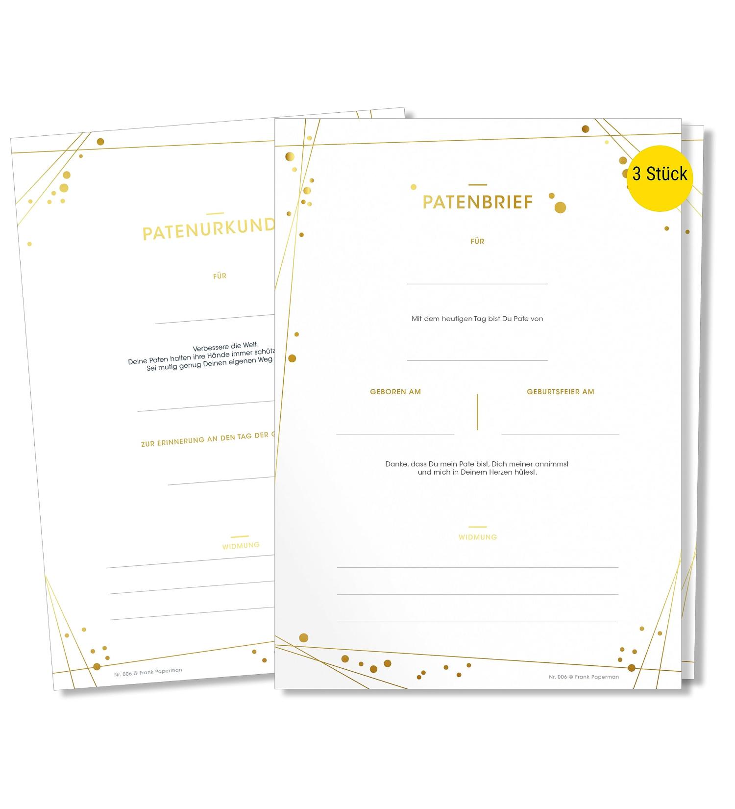 Frank Paperman 3x Set Golden Sponsorship Certificate & Letter | Perfect Gift for Godfather & Godparent | Baptismal Keepsake with Gold Embossing - Buy Online on SooperMarket.com
