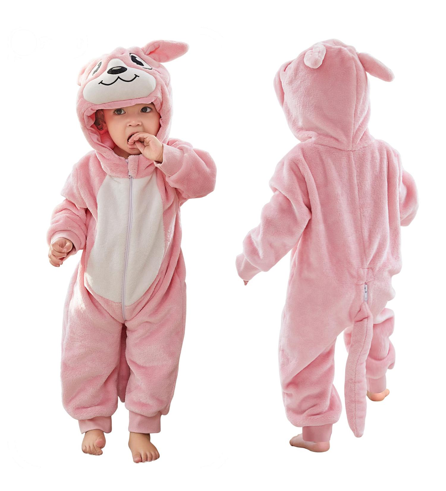 COOKY.D Baby Hooded Rompers | Winter Flannel Jumpsuit Pajamas | 30-36 Months | Pink - Buy Online on SooperMarket.com