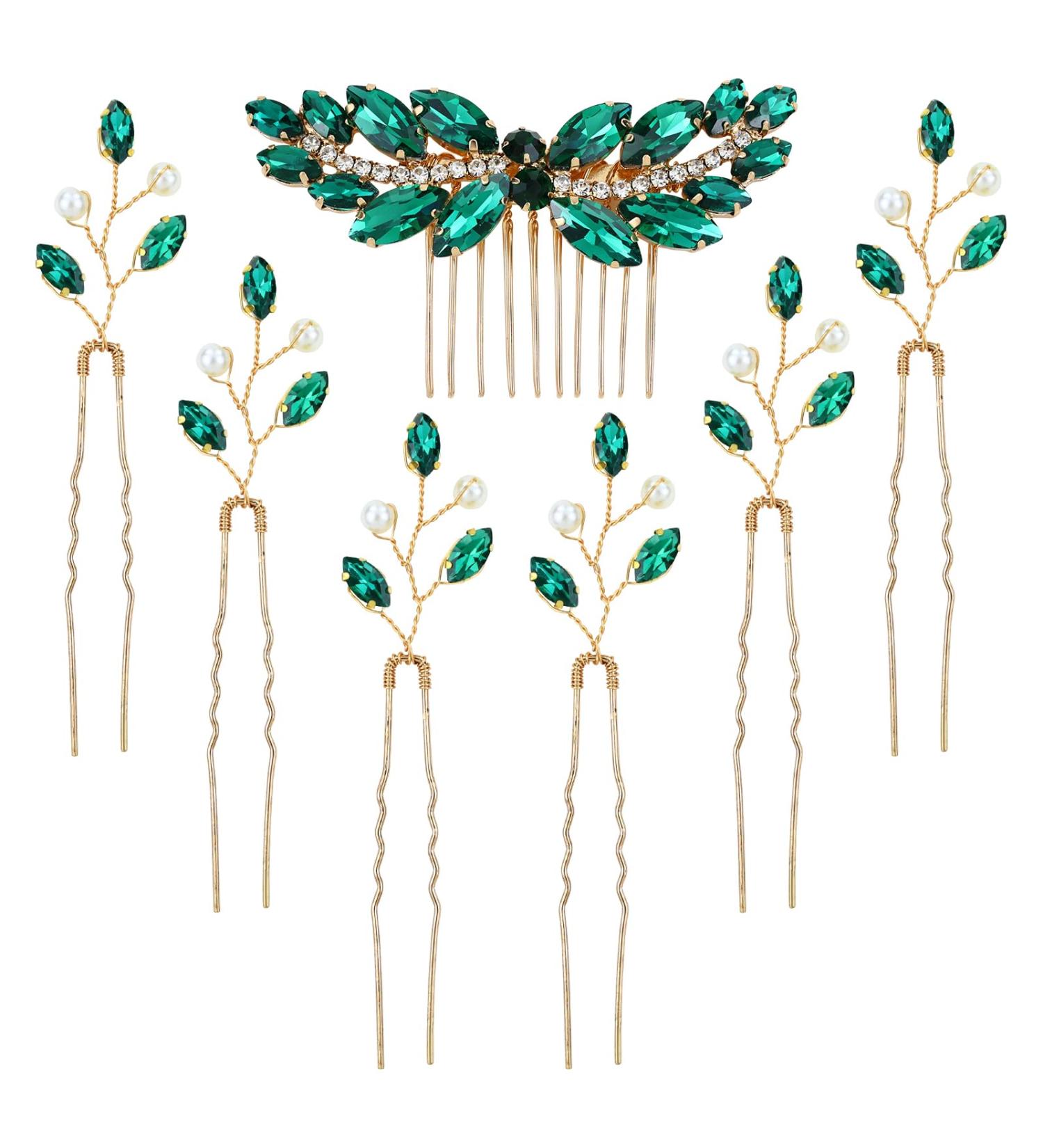 inSowni 7 Pieces Vintage Proms Bridal Wedding Glitter Emerald Green Rhinestone Crystal Gold Metal Hair Side Combs Slides U-shaped Hair Pins Accessories for Women Flower Girls Brides Bridesmaids - Buy Online on SooperMarket.com