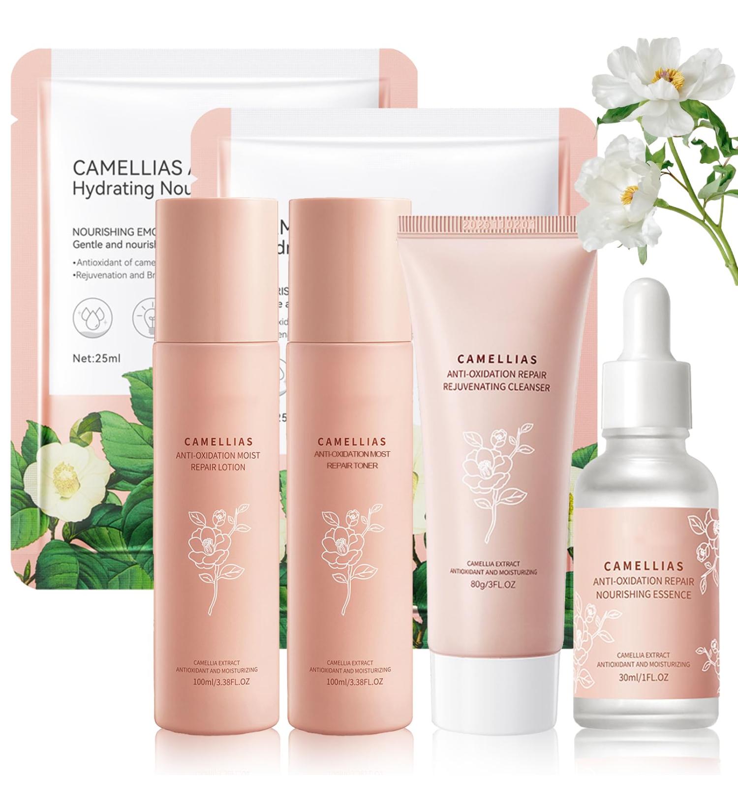 Hydrating Facial Skin Care Sets for Women & Teens | Camellia Skin Care Routine Kit - Toner Serum Lotion Cleanser & Mask - Buy Online on SooperMarket.com