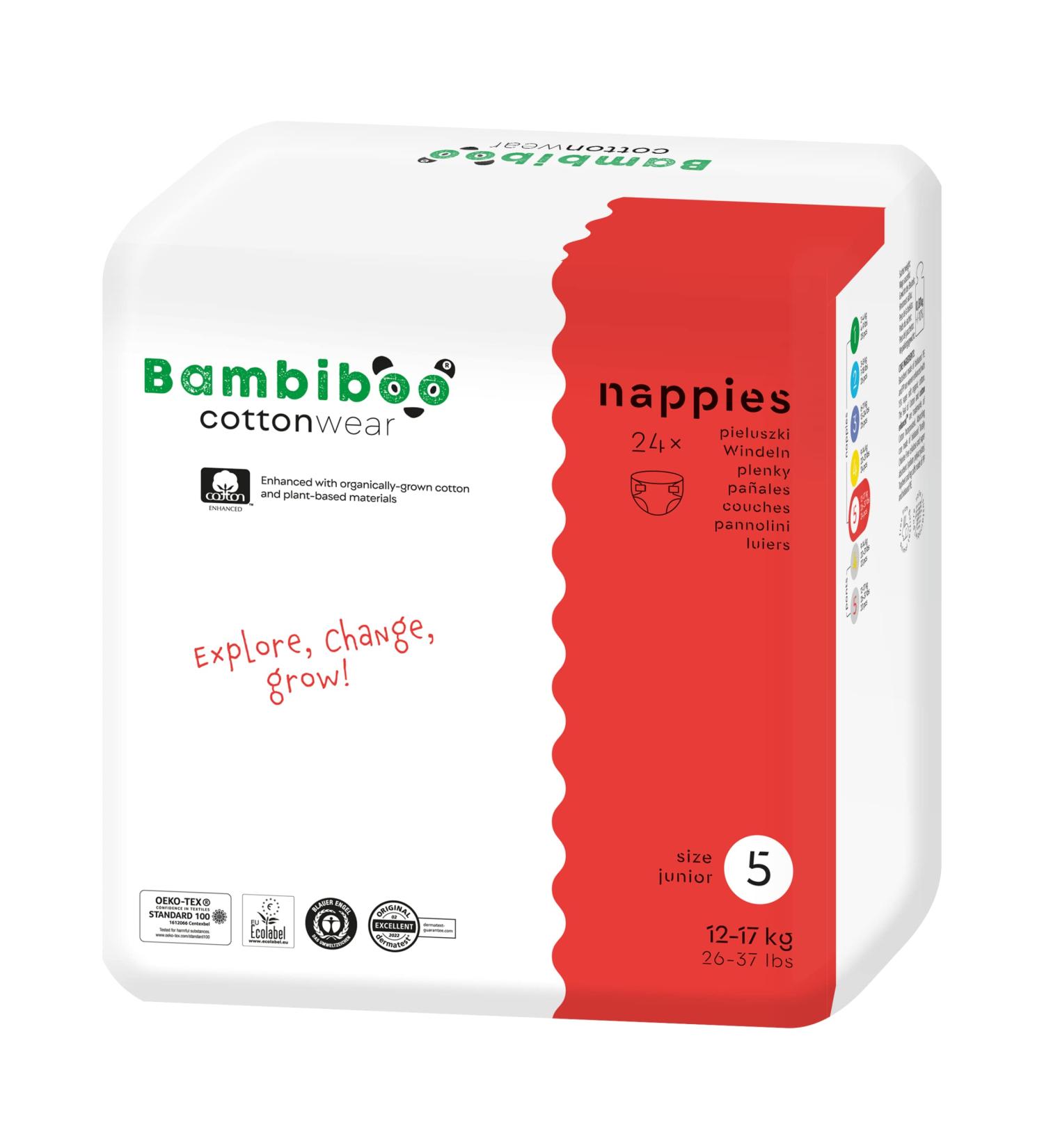 Bambibo Baby Diapers Size 5 Junior (12-17 kg) - 24 Organic Cotton Disposable Diapers with Moisture Indicator - Buy Online on SooperMarket.com