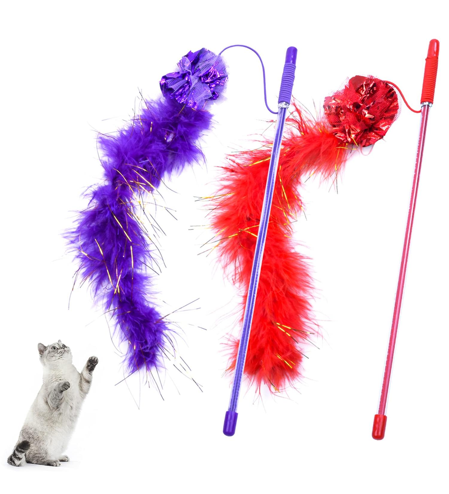 smatime 2Pcs Funny Cat Stick Interactive Cat Feather Toys for Indoor Purple and Red Cat Teaser Toy Cat Feather Wand Stick with Sound Paper for Kitten Improves Intelligence and Responsiveness - Buy Online on SooperMarket.com