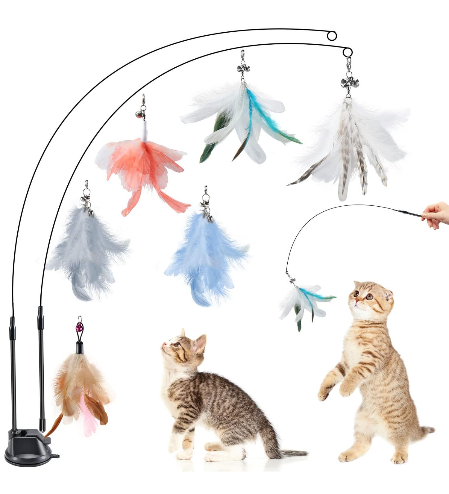 Hysagtek Cat Feather Toys Set - Interactive Kitten Toys Kit with 6 Feather Refills, 2 Retractable Teaser Wands, and Super Suction Cup Base - 9Pcs - Buy Online on SooperMarket.com