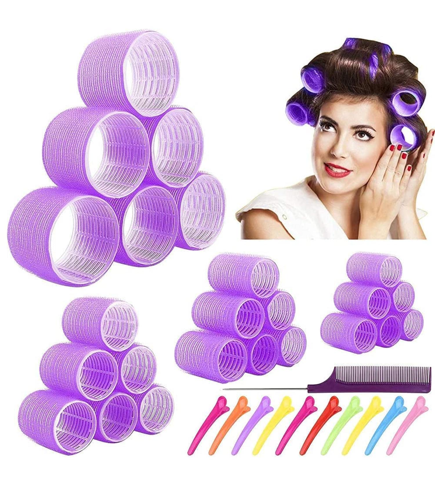 Jumbo Hair Rollers Set Hair Rollers Self Grip Curlers For Long Hair No Heat Curlers Heatless Hair Rollers With Clips & Comb 24 Packs (Purple 24Pcs) - Buy Online on SooperMarket.com