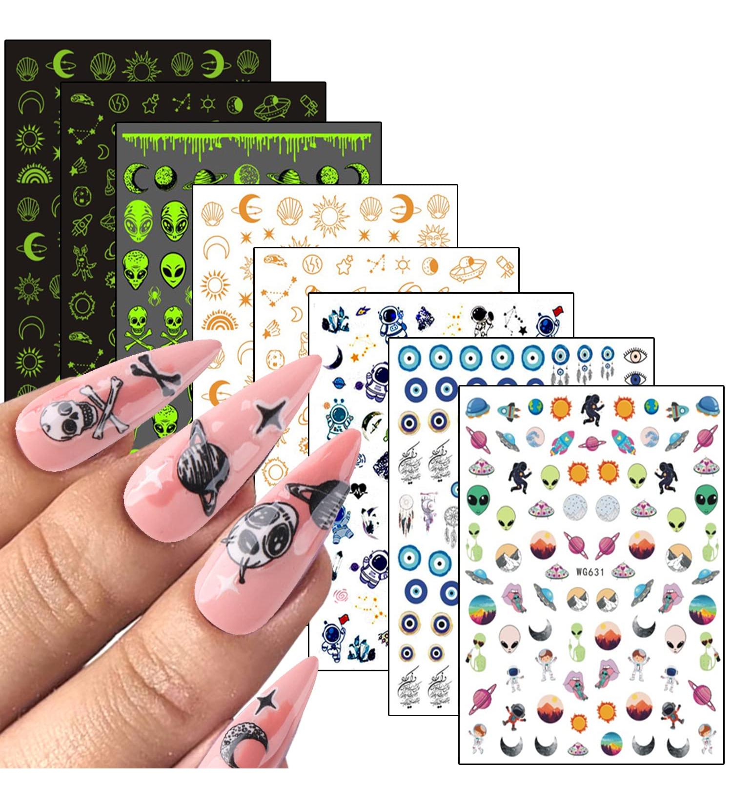 Alien Nail Art Stickers - 3D Planet Astronaut Earth Moon Star UFO Rocket Decals | Gold Luminous Self-Adhesive Designs for Women's DIY Manicures - Buy Online on SooperMarket.com