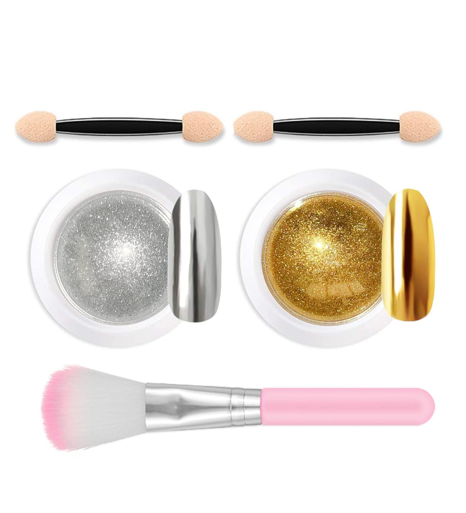 Lofuanna Chrome Nail Powder - Holographic Gold & Silver Pigment for Nail Art with Eyeshadow Sticks - 2 Jars, 0.5g each - Buy Online on SooperMarket.com
