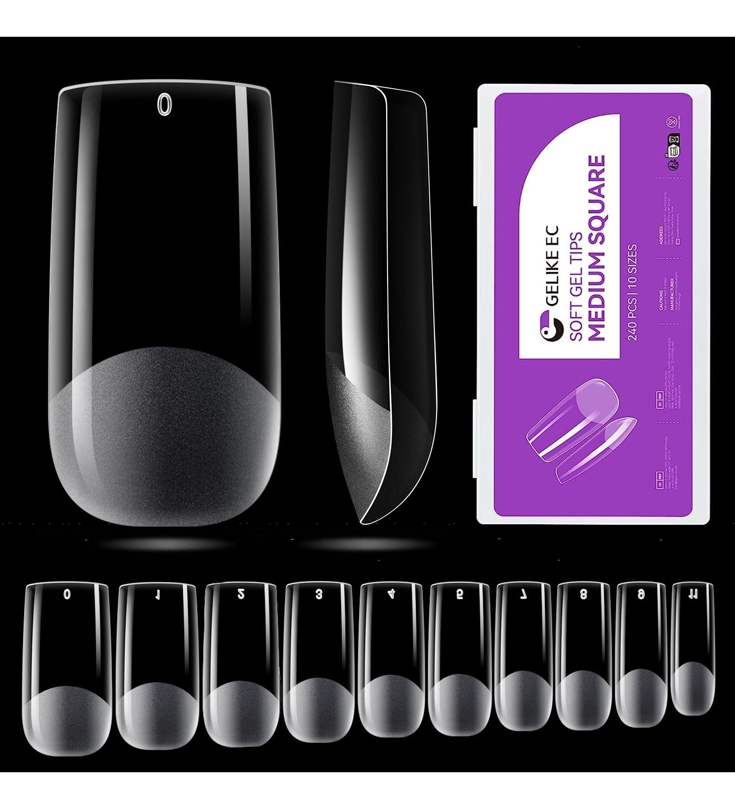 Gelike EC Medium Square Nail Tips - 240 PCS Full Cover Gel X Nail Tips Pre-Etched for Nail Extensions | Medium Square Shape with PMMA Resin Clear False Nails | Press On Nails in 10 Sizes - Buy Online on SooperMarket.com