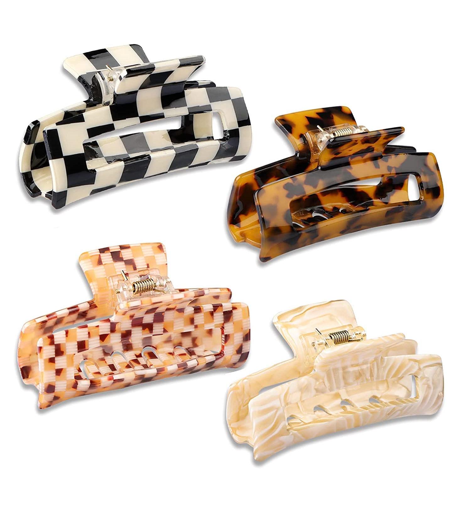 HAYHOI 4PCS Hair Claw Clips Celluloid French Butterfly Jaw Tortoise Shell - Stylish Accessories for Women & Girls - Checkerboard Leopard White - Buy Online on SooperMarket.com