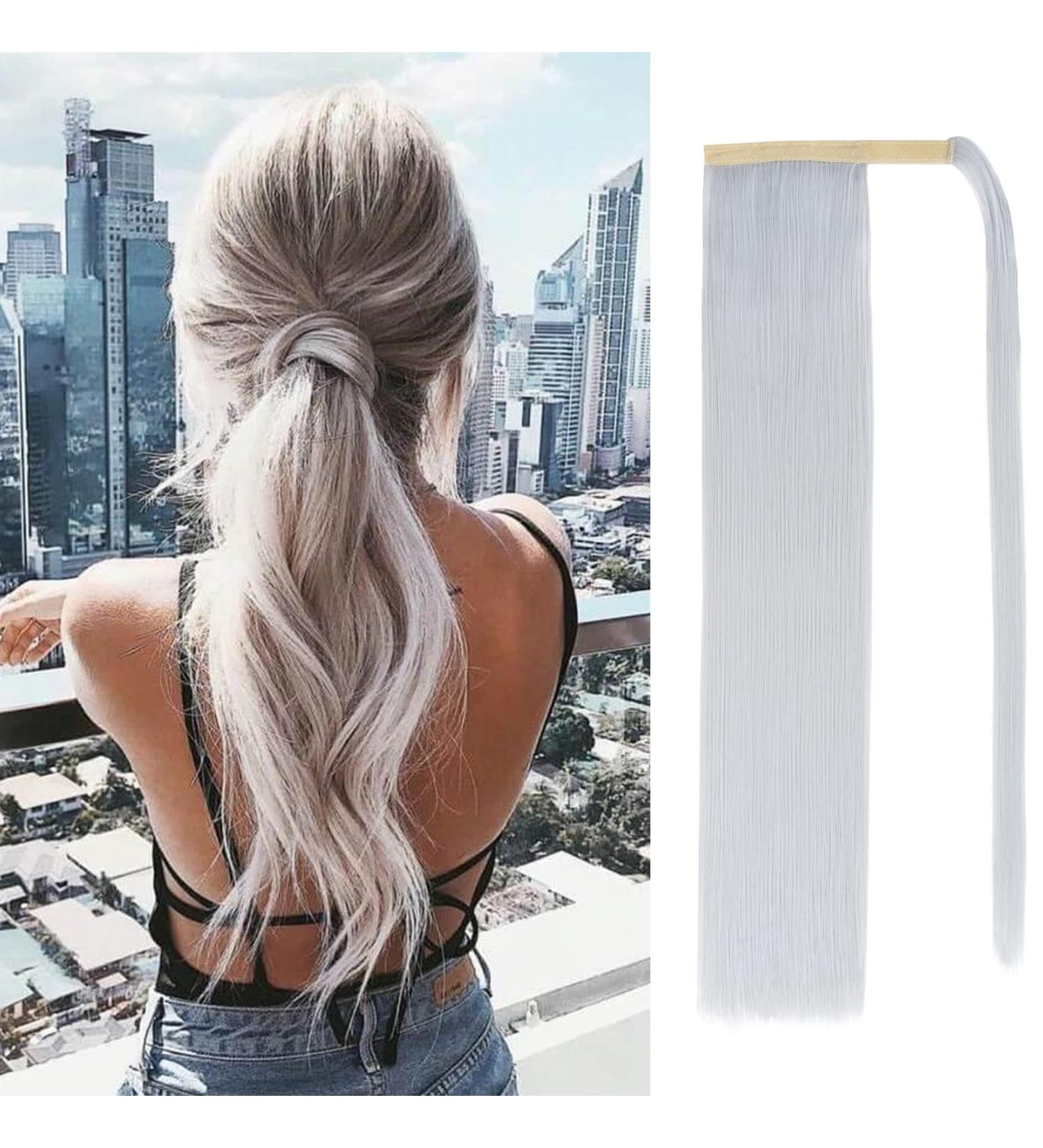 Silk-co Clip in Ponytail Hairpiece | 28 Straight Extension | Heat-Resistant Fiber | Silver Grey Color - Buy Online on SooperMarket.com