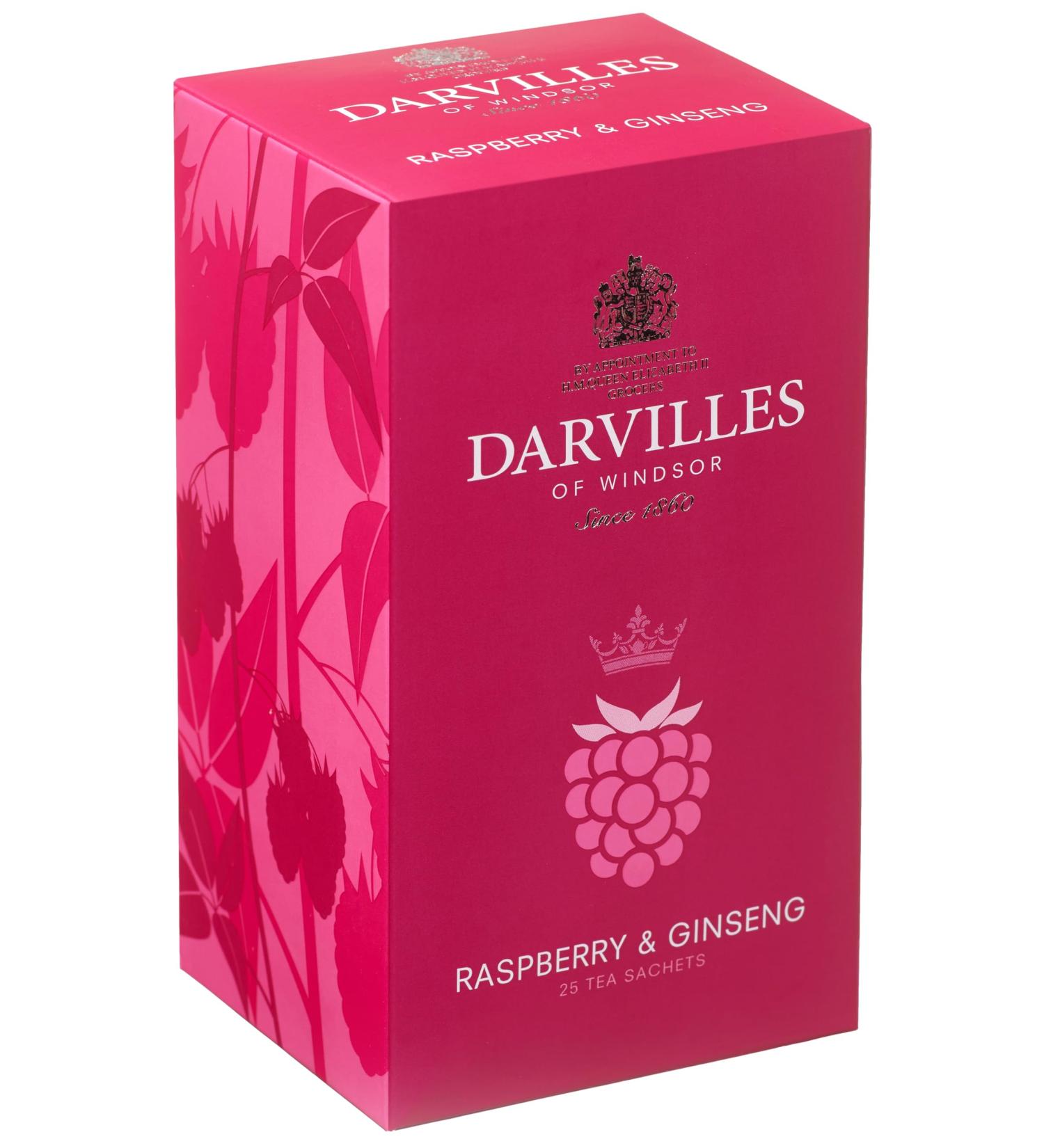 DARVILLES of WINDSOR - 25 x RASPBERRY & GINSENG Individually Wrapped Tag & Envelope Teabags - Premium English Fruit Herb and Green Tea Bags - (25 teabags)