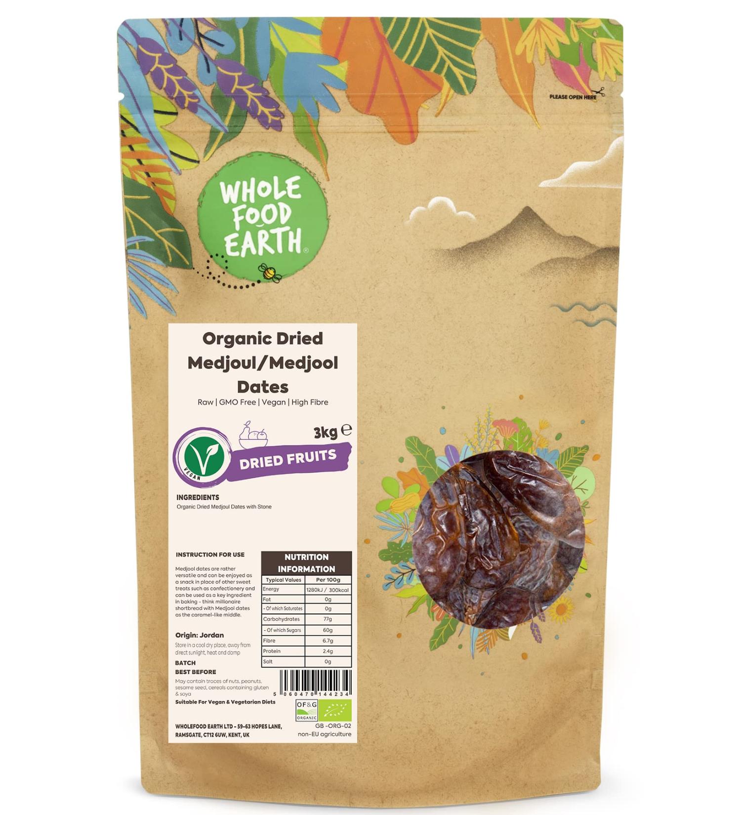 Wholefood Earth Organic Dried Medjoul Dates 3kg - Raw, Vegan, High Fibre | GMO-Free & Certified Organic - Buy Online on SooperMarket.com