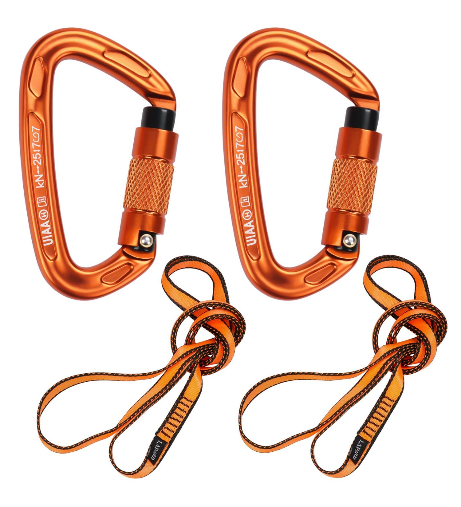 Karabiner Climbing Equipment Set - 2 UIAA Certified 25kN Auto Locking Carabiners + 2 23kN Nylon Ropes for Climbing Mountaineering & Hiking - Durable Orange & Black 4-Part Kit - Buy Online on SooperMarket.com