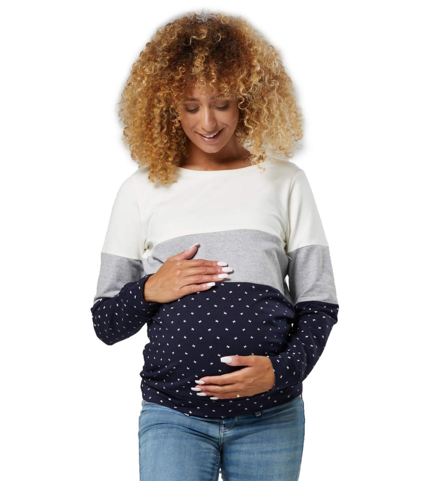 HAPPY MAMA Maternity Nursing Cotton Sweatshirt Zip Front 1285 - Ecru & Grey Melange - Buy Online on SooperMarket.com