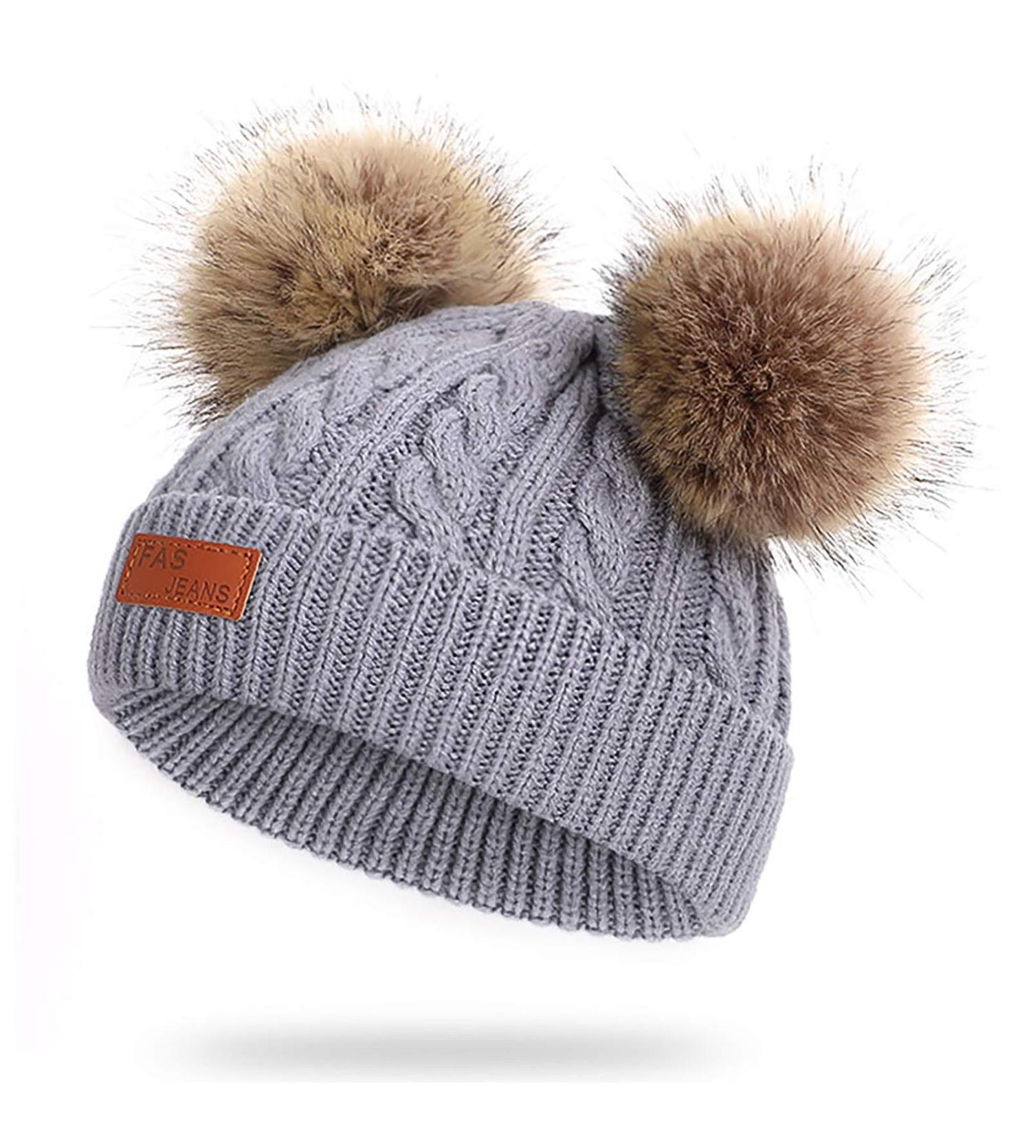 Baby Pom Pom Hat - Infant Winter Beanie Cap in Grey for Boys and Girls - Crochet Fur Hairball Toddler Hat - Buy Online on SooperMarket.com