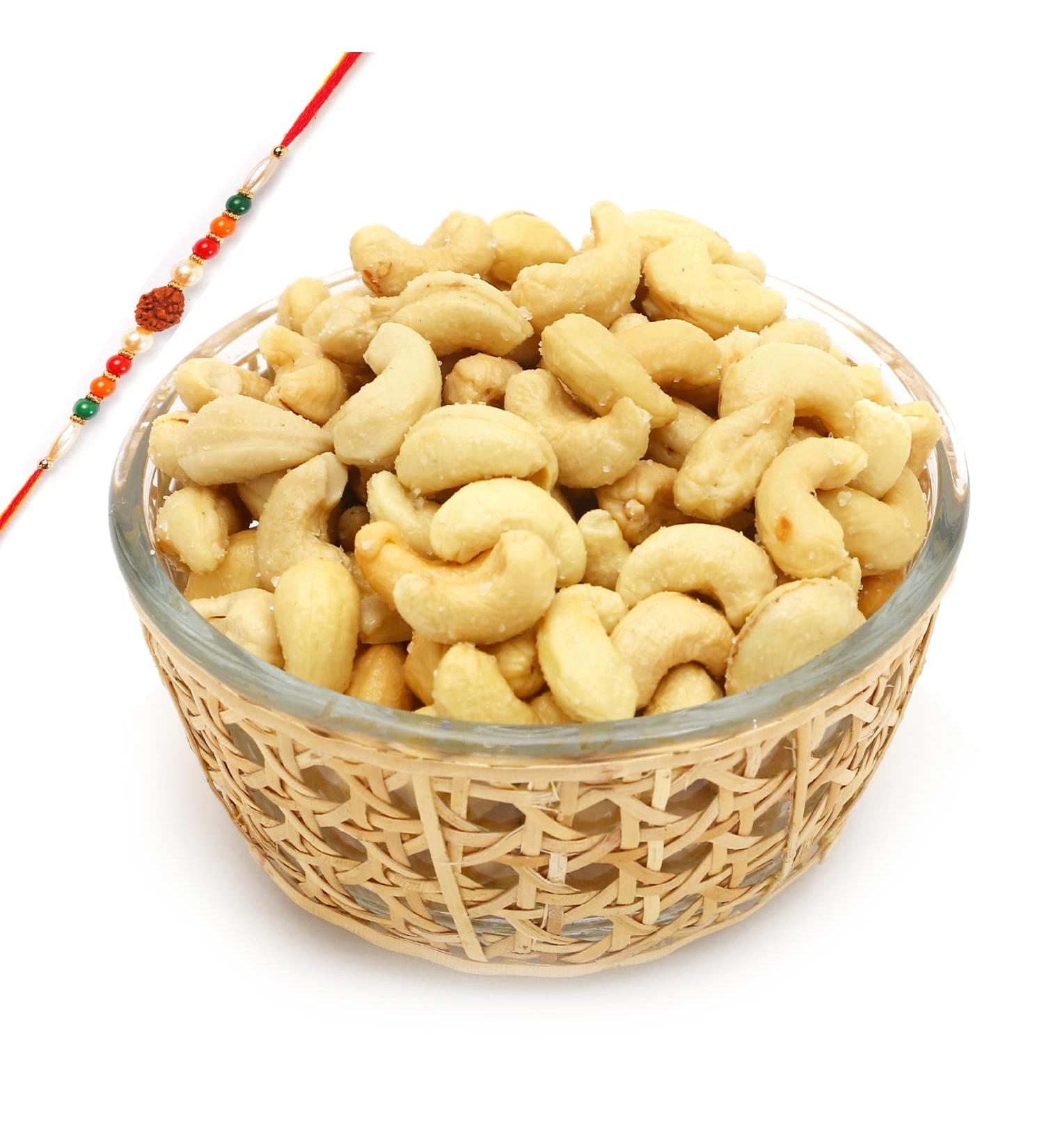 Ghasitaram Gifts Rakhi Gifts for Brothers Cane Glass Bowl with Roasted Cashews with Rudraksh Rakhi - Buy Online on SooperMarket.com