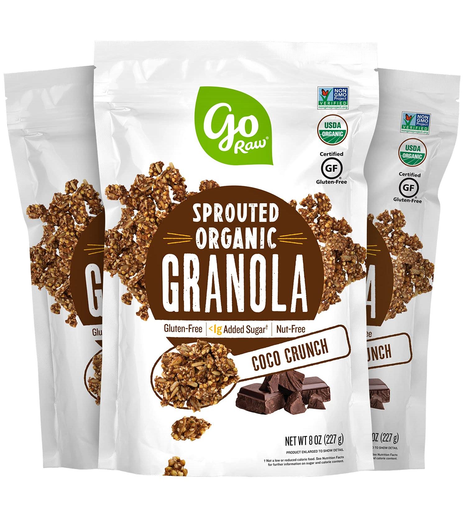 go Raw Sprouted Organic Granola  Coco Crunch  Vegan  Gluten Free  Nut Free  Healthy Breakfast Cereal with Superseeds  Non-GMO  <1g Added Sugar  4g Plant Based Protein  8oz Bags  3 Pack  Chocolate - Buy Online on SooperMarket.com