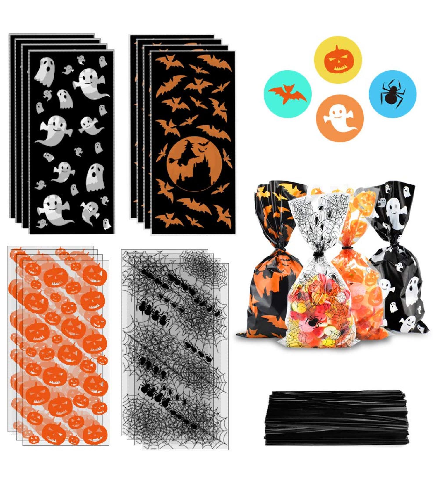 ERKOON 200 pcs Halloween Treat Bags Halloween Cellophane Candy Bags Spider Web Bat Ghost Pumpkin Gift Bags with 250 Twist Ties Kids Party Candy Bags for Halloween Party Supplies - Buy Online on SooperMarket.com