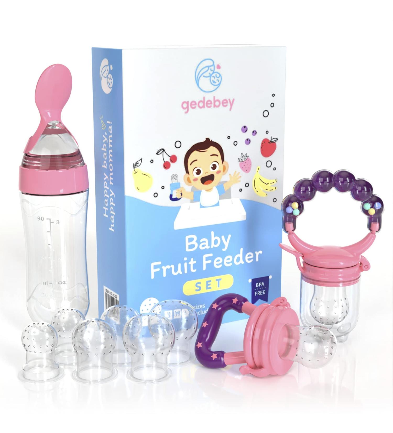 Gedebey Baby Fruit Feeder Pacifier Set - 3 Pack | Silicone Pacifiers & Feeding Spoon Combo | Frozen Fruit Teether & Forage Feeder | Pink Baby Food Accessories - Buy Online on SooperMarket.com