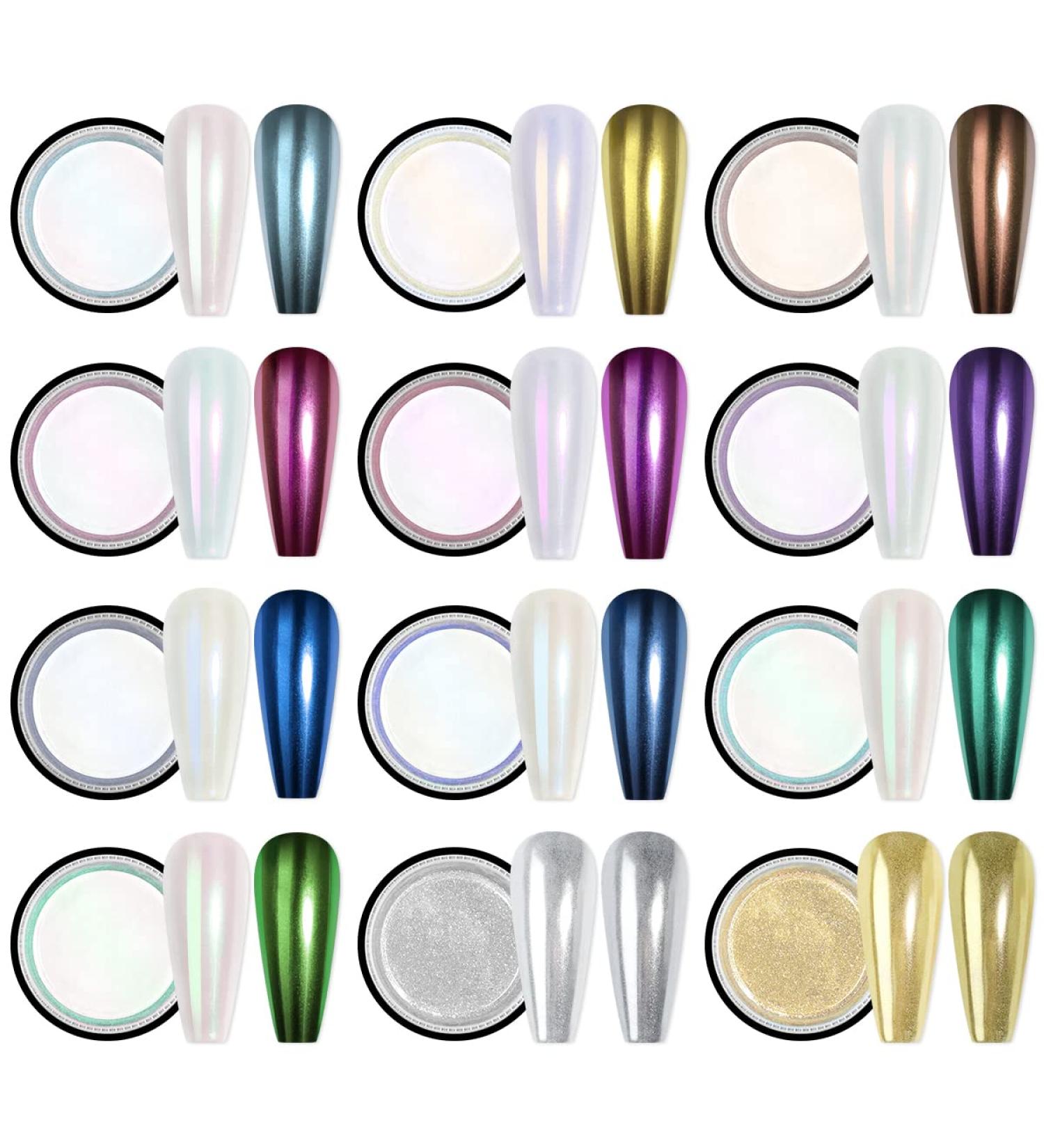 Saviland Mermaid Chrome Nail Powder Set - 12PCS White Pearl & Aurora Metallic Gold Powder for Gel Nails - Pearlescent Glitter Pigment for Nail Decoration - Buy Online on SooperMarket.com