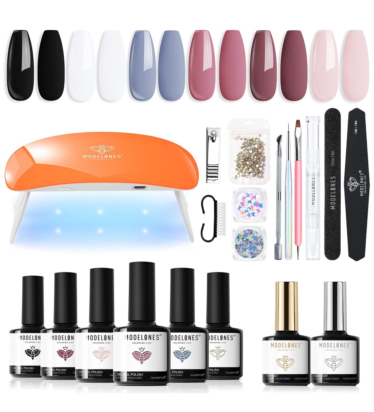 Modelones 20PCS Gel Nail Polish Kit with UV Light - 6 Classic Neutral Colors | Soak Off Gel Polish Set with Portable Mini LED Lamp, Base & Top Coat | All-in-One Manicure Kit for Starter, DIY Salon Gift - Pink Blue Violet - Buy Online on SooperMarket.com