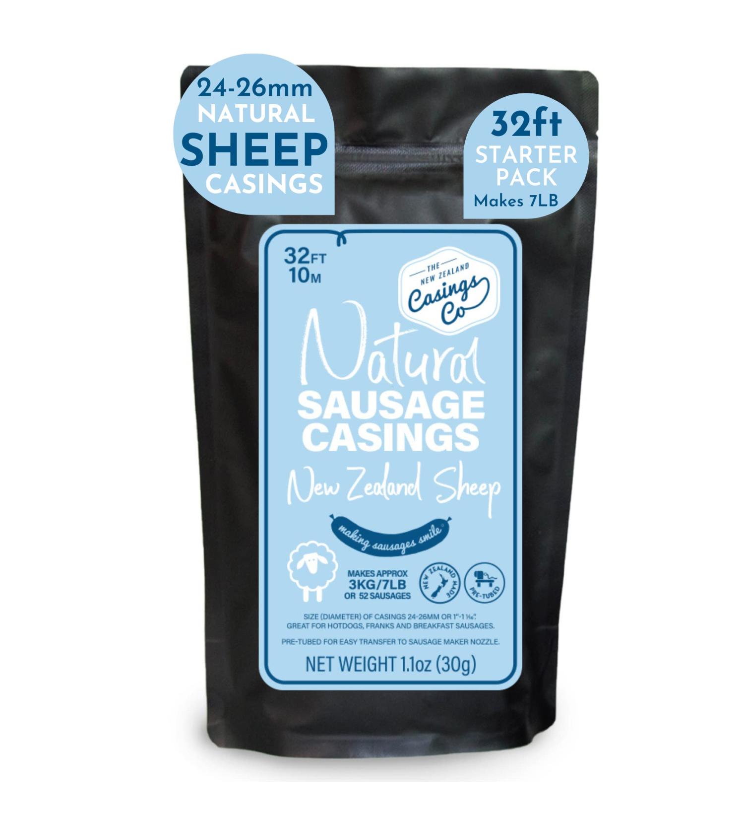 32ft Natural Sheep Casings for Sausage Making 24-26mm - Ideal Hot Dog, Merguez, Chorizo, Breakfast Sausage Casing from New Zealand - Edible A Grade Halal - Pre-Tubed - Makes 7lb Sausages - Buy Online on SooperMarket.com
