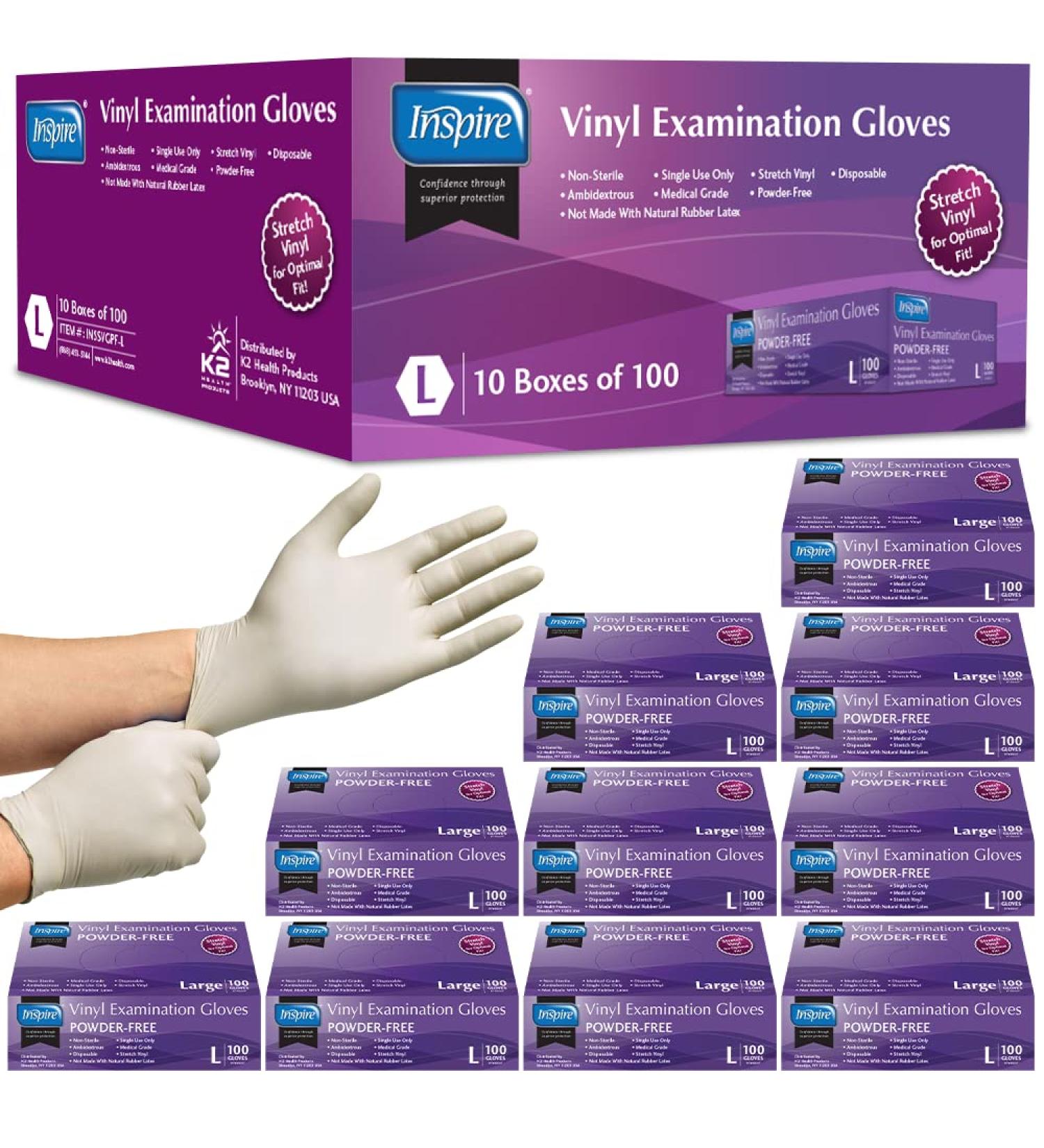 Inspire Stretch Vinyl Exam Gloves - Pack of 1000 | Latex-Free Disposable Medical Cleaning Gloves Large - Buy Online on SooperMarket.com