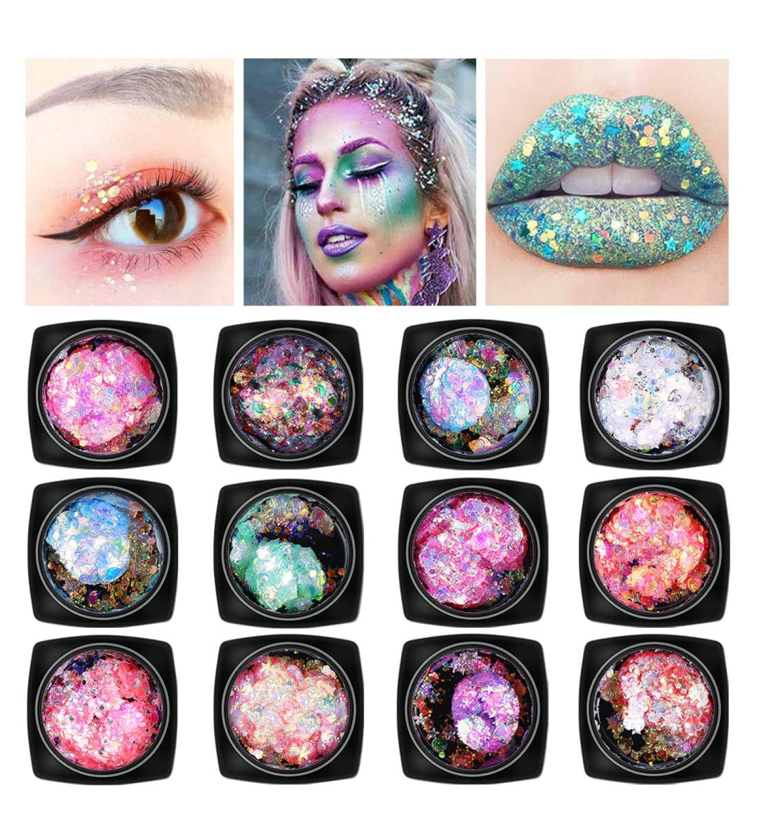 Chunky Holographic Body Glitter - 12 Color Mixed Cosmetic Sequins for Face, Eyes, Hair, Body - Festival Makeup & Nail Art - Buy Online on SooperMarket.com