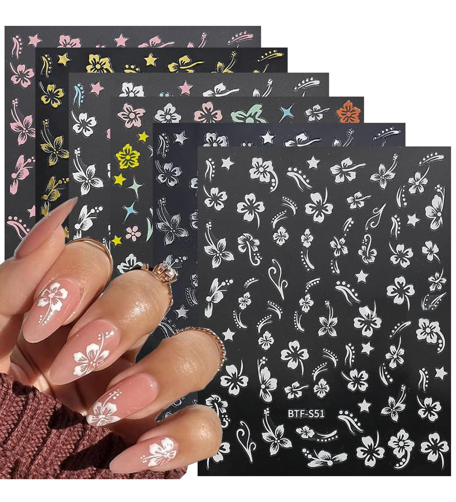 6 Sheets Hibiscus Flower Nail Stickers - Elegant Floral Nail Decals for Spring | Tropical Leaf & French Tip Designs - Buy Online on SooperMarket.com